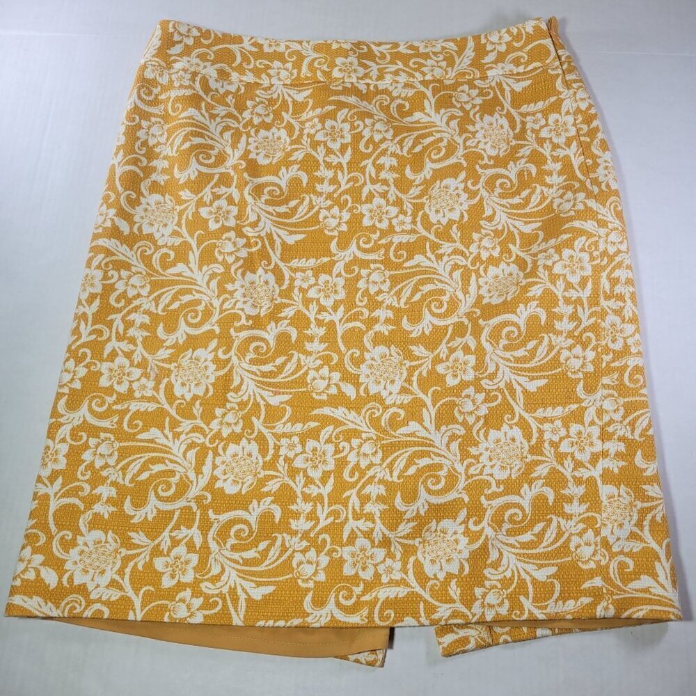 Loft Floral Textured Yellow & White Professional Casual Cotton Midi Skirt Sz 8
